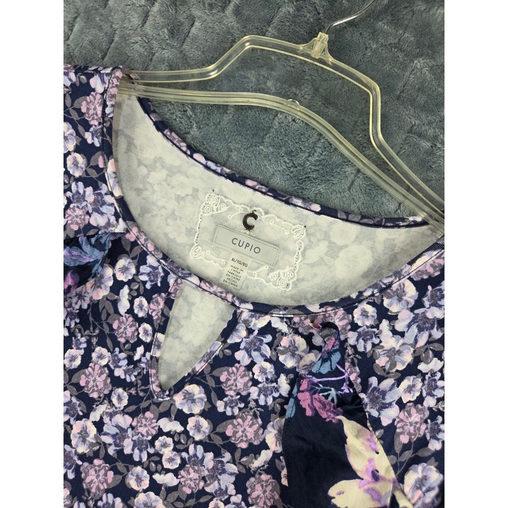 Cupio Womens XL Purple Navy Floral Ruffle Bell Sleeve Keyhole Tunic Top Blouse